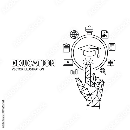Digital education concept with hand touching graduation cap icon