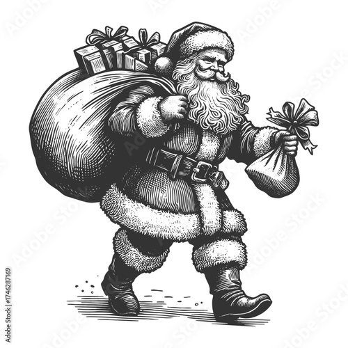 Santa Claus with large sack full of presents, Christmas spirit, generosity, and holiday cheer sketch engraving generative ai fictional character vector illustration. Scratch board. Black and white.