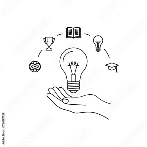 Hand holding a lightbulb with symbols of knowledge and success