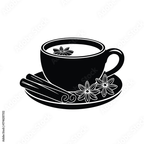 Black and white illustration of a cup of chai with spices