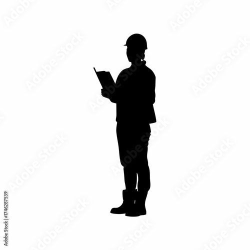 Silhouette of a safety officer with clipboard during inspection isolated on white background