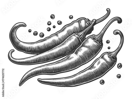 red chili peppers with leaves, seeds, and spices, drawn in a classic engraving technique sketch engraving generative ai vector illustration. Scratch board imitation. Black and white image.
