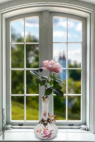 Lonely pink rose in the window