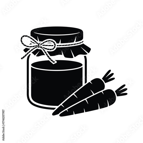 Black and white illustration of a jar of jam with carrots