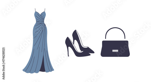 Elegant evening wear ensemble featuring a flowing gown, stylish high heels, and a chic handbag for a sophisticated night out, expressing timeless fashion