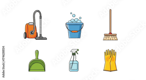Sparkling clean concept with essential cleaning tools like a vacuum, bucket with soap, broom, dustpan, spray bottle, and gloves for a spotless home