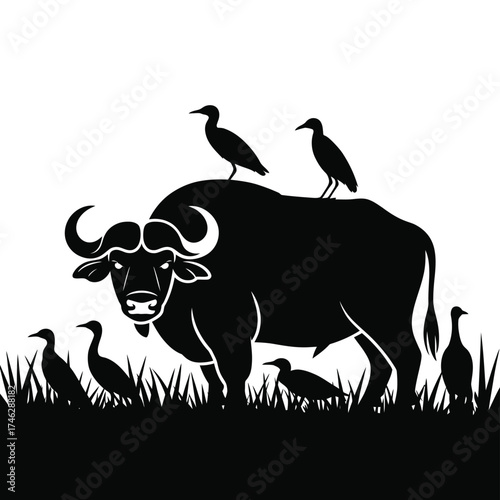 Silhouette of a buffalo with birds perched on its back and in the grass