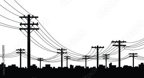 Silhouette of electric power poles and cables over city skyline, urban electricity transmission vector illustration for energy infrastructure design