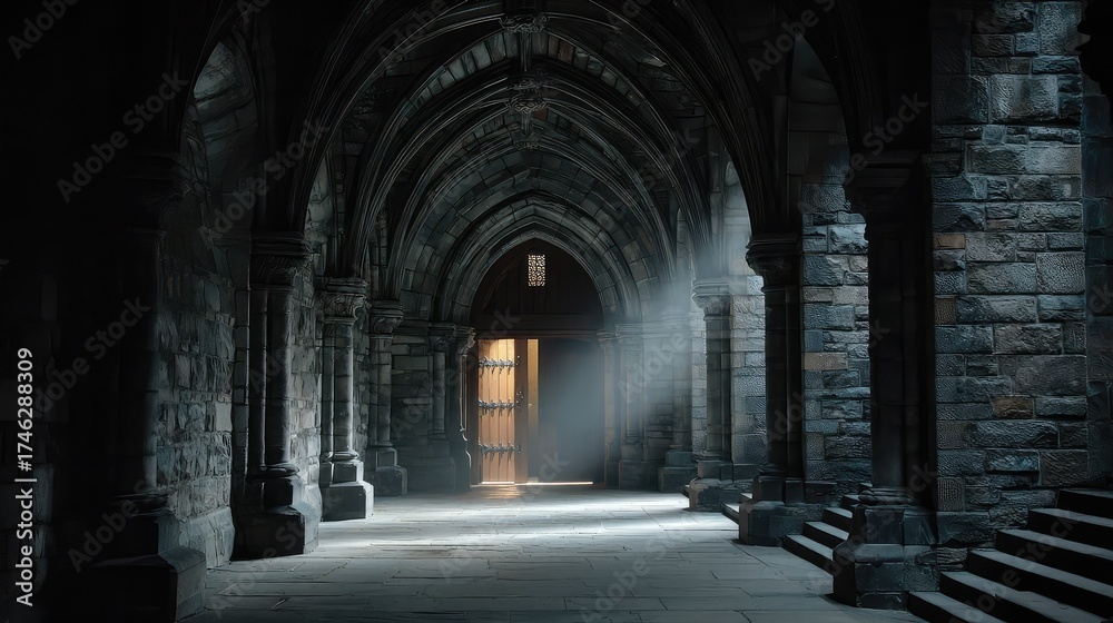 Fototapeta premium Enigmatic Gothic Archways of an Ancient Stone Corridor Illuminated by Mysterious Light Streaming Through a Majestic Doorway in an Old Vintage Building