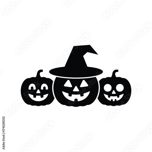 Three black halloween pumpkins with witch hat silhouette