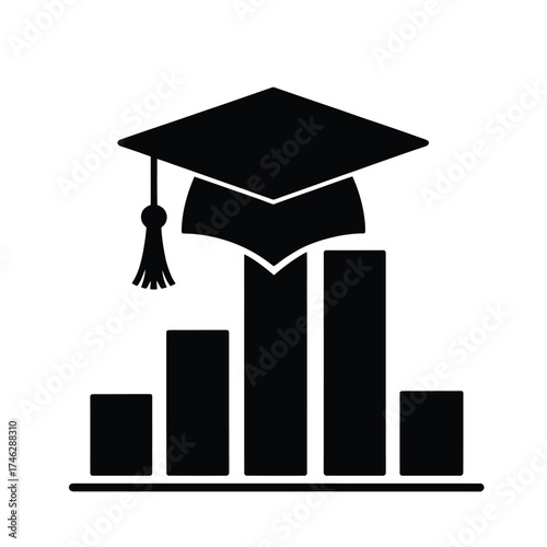 Graduation cap on top of growing bar chart icon