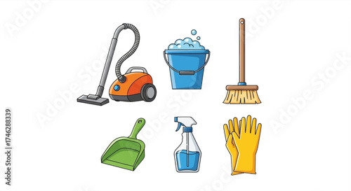 Fresh and sparkling cleaning tools for a spotless home, perfect for illustrating chores, housework, and a tidy lifestyle, originally created as scalable vector