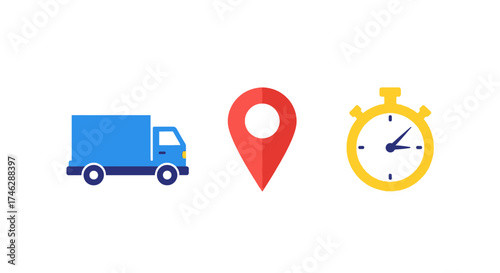 Dynamic delivery truck icon journeys to destination marker with stopwatch symbolizing efficient logistics and timely service for modern businesses