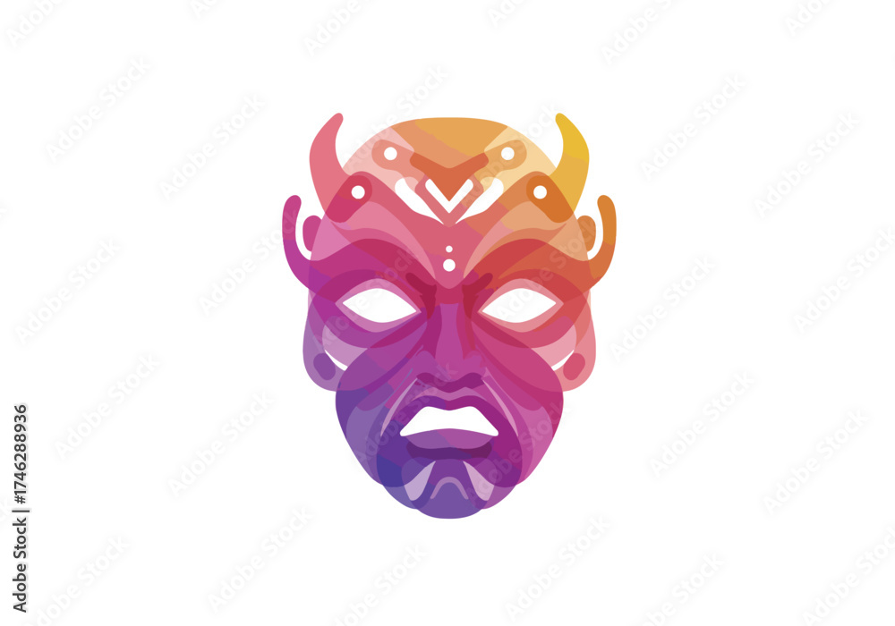 Naklejka premium A vibrant, stylized illustration of a colorful, geometric tribal mask against white background.