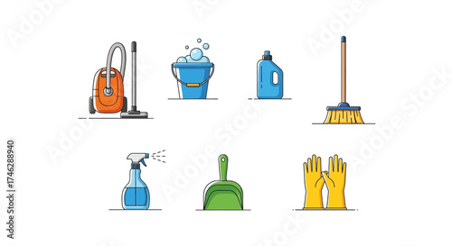Cleaning tools collection for home chores, a bucket with bubbles, gloves, mop, spray bottle and scoop, cleaning supplies for spring cleaning day