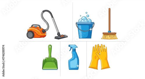 Organized cleaning tools collection for home, apartment, or office includes vacuum, bucket, broom, dustpan, spray bottle, and gloves to keep spaces sparkling