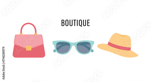 Stylish boutique essentials featuring a chic handbag, trendy sunglasses, and a fashionable hat, perfect for a modern wardrobe update or design projects