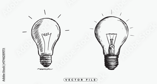 Two sketched light bulbs with filament detail a vector illustration