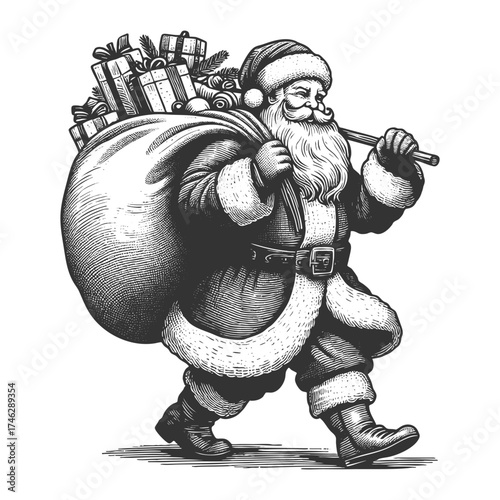 Santa Claus with large sack full of presents, Christmas spirit, generosity, and holiday cheer sketch engraving generative ai fictional character vector illustration. Scratch board. Black and white.