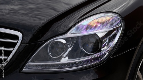Close up of a modern vehicle headlight with bright illumination detail