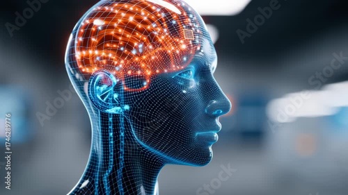 A digital representation of a human head with a glowing brain, showcasing neural connections and a futuristic design