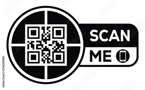 Minimalist black and white QR code label design with "SCAN ME" message, modern style, ideal for marketing, digital menus, business promotions, and mobile-based contactless solutions.	