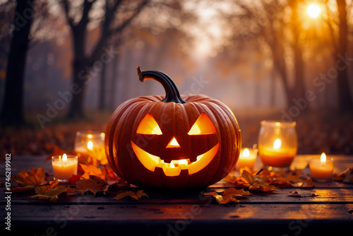 Glowing jack-o'-lantern with cheerful smile surrounded by flickering candles and autumn leaves in forest setting. Generative AI.