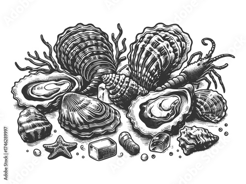 seashells and oysters with seaweed, symbolizing marine life, ocean beauty, and coastal nature sketch engraving generative ai vector illustration. Scratch board imitation. Black and white image.