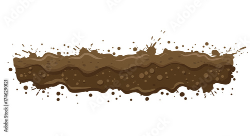 Cartoonish Brown Mud Splatter with Splashes and Droplets Isolated.