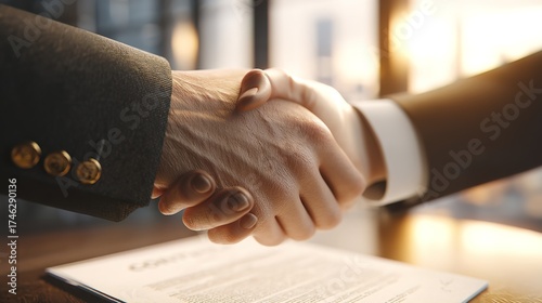 Hyper-Realistic Two Hands Shaking – One in Tailored Suit Cuff with Gold Cufflinks, Other in White Shirt, Signed Contract on Mahogany Desk