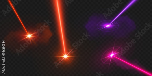 Bright laser beam effects with red, pink and purple light rays on transparent bg for futuristic design. Glowing star flares with neon streaks. Energy burst set for sci-fi or technology graphics.