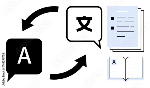 Chat bubbles with translating letters, arrows indicating exchange, book, documents. Ideal for translation, communication, localization, education linguistics globalization workflow. Simple flat