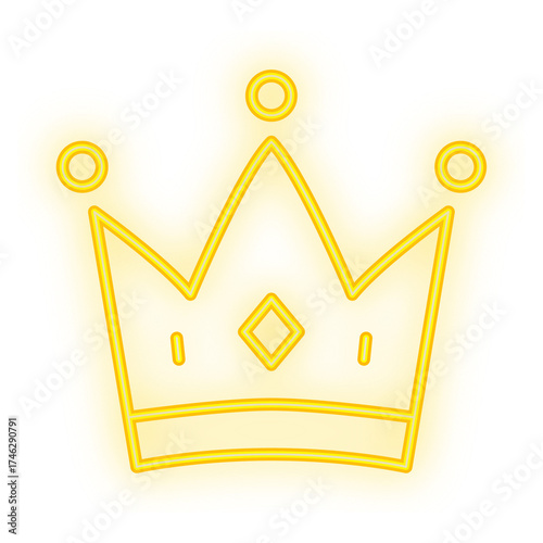Doodle Neon Signboard of a bright yellow crown icon with diamond and circular accents, on a transparent background for royalty or VIP visuals