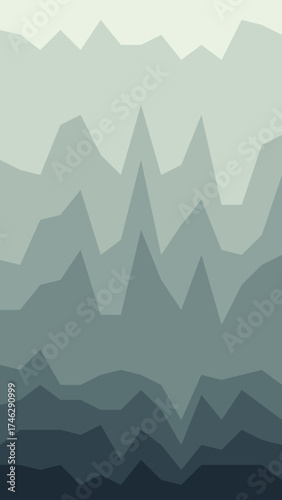 A cascading digital landscape of sharp, geometric mountain silhouettes transitions through a cool monochromatic gradient, from a misty peak to a shadowy abyss