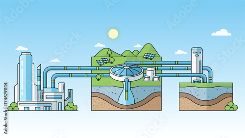 Illustration of modern water treatment and renewable energy system with underground water source pipeline network and green environment for clean water and sustainability concept