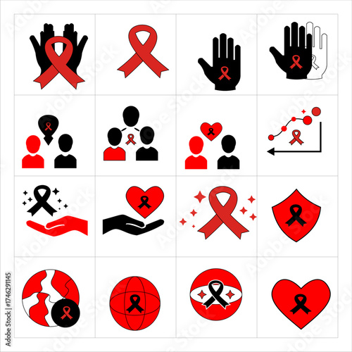 Flat vector AIDS awareness icons with red ribbon, health, and prevention symbols. Ideal for education, campaigns, and healthcare design.