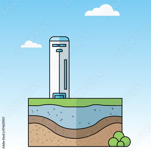 Illustration of groundwater treatment plant system with underground water source modern structure and eco environment for clean water and sustainability concept