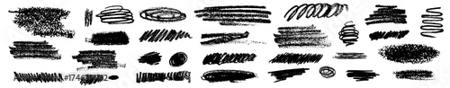 Abstract charcoal scribbles set isolated on background. Vector realistic illustration of black crayon or pencil doodle lines, thin and thick brush strokes with grainy texture, hand drawn scrawls