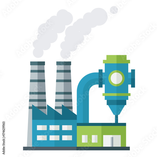 Flat illustration of industrial factory with large pipes and chimney releasing smoke showing energy production process and modern plant system on white background