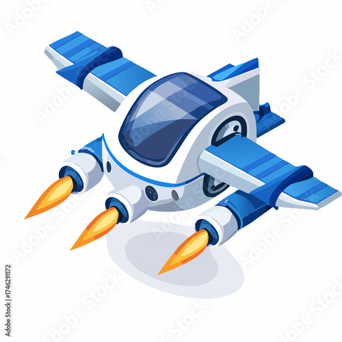 Futuristic spaceship with glowing engines and blue accents.