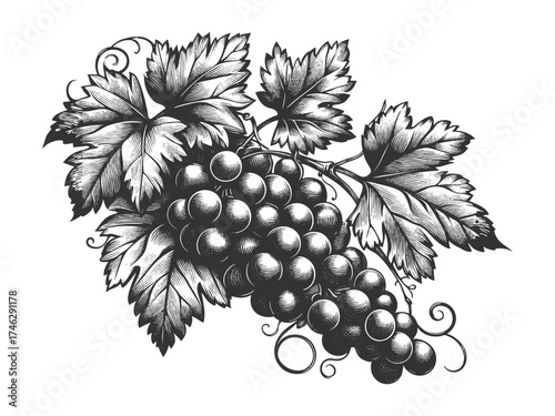 bunch of grapes with leaves and vine, symbolizing wine, harvest, fruit, and traditional botanical art sketch engraving generative ai vector illustration. Scratch board imitation. Black and white image