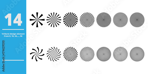 Collection of 14 black burst design elements with different shapes and line counts from 8 to 56, including radial and spiral patterns. Perfect for graphic design, logo decoration, background