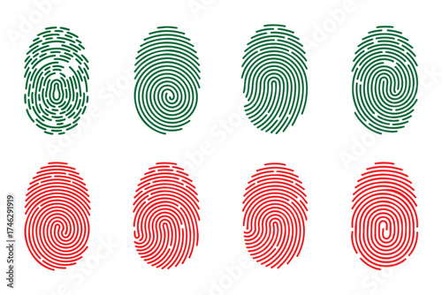 Color fingerprint vector set in red and green, biometric identification and security access pattern design