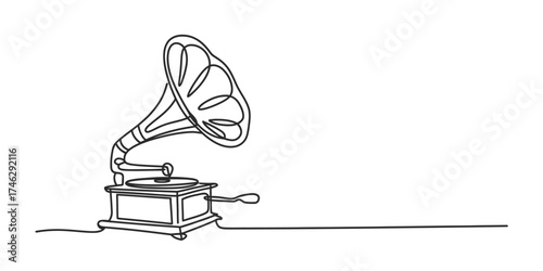 Continuous one line drawing of an antique gramophone with a large horn and intricate base detail vector