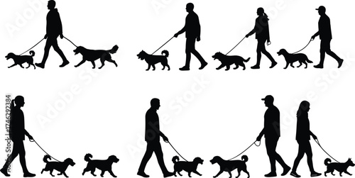Silhouette of people walking dogs on leashes in different poses and directions, pet walking vector illustration isolated black design