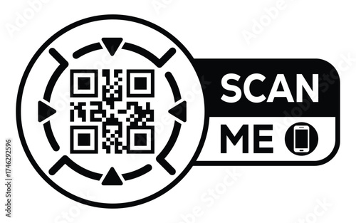 Minimalist black and white QR code label design with "SCAN ME" message, modern style, ideal for marketing, digital menus, business promotions, and mobile-based contactless solutions.	
