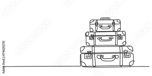 Continuous one line drawing of stacked vintage luggage for travel and adventure simple sketch vector