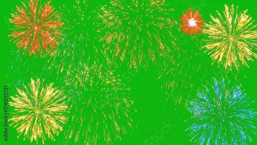 A colorful fireworks display animation design on a green screen for VFX compositing and celebratory projects