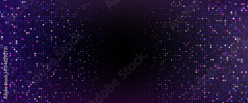 Bg with pixel pattern - blue and purple gradient mosaic for digital design. Dark background with bright edges and scattered squares. Abstract textured backdrop for technology or gaming interfaces.