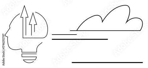 Minimalist line art of a human head-shaped lightbulb with upward arrows and a cloud. Ideal for creativity, growth, innovation, brainstorming, problem-solving, leadership, and progress. A simple flat